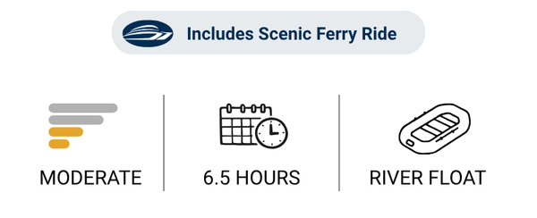 SKGEX Tour Specs 11 - Skagway Excursions - Skagway Excursions Banner: Includes Scenic Ferry Ride with logo; options: Moderate, 6.5 hours (calendar and clock), River Float.