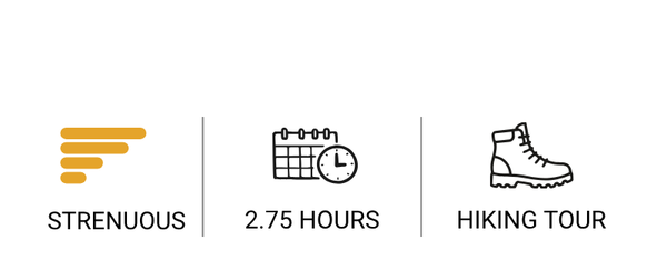 Three-column infographic showing: STRENUOUS with an orange speed-like icon, 2.75 HOURS with a calendar and clock, and HIKING TOUR with a hiking boot — indicating a strenuous hike duration.