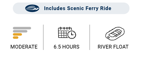 Eagle Preserve Float banner: Includes Scenic Ferry Ride with a blue logo; features Moderate, 6.5 hours, River Float shown as icons.
