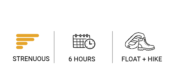 SKGEX Tour Specs 46 - Skagway Excursions - Skagway Excursions Chilkoot Trail Hike and Float: three features — Strenuous (orange wing icon), 6 Hours (calendar with clock), Float + Hike (boot and boat)