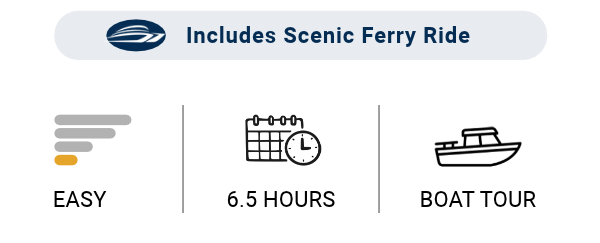 SKGEX Tour Specs 48 - Skagway Excursions - Skagway Excursions Chilkat River Jet Boat Adventure title with a badge reading Includes Scenic Ferry Ride and features Easy, 6.5 Hours, Boat Tour.