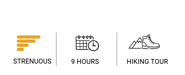 SKGEX Tour Specs 50 - Skagway Excursions - Skagway Excursions Three feature icons: Strenuous (orange bar symbol), 9 hours (calendar with clock), and Hiking tour (boot and mountains).
