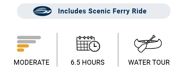 SKGEX Tour Specs 53 - Skagway Excursions - Skagway Excursions Chilkoot Canoe Wildlife Safari title with a rounded badge reading 'Includes Scenic Ferry Ride'; three features shown: Moderate, 6.5 hours, Water tour.