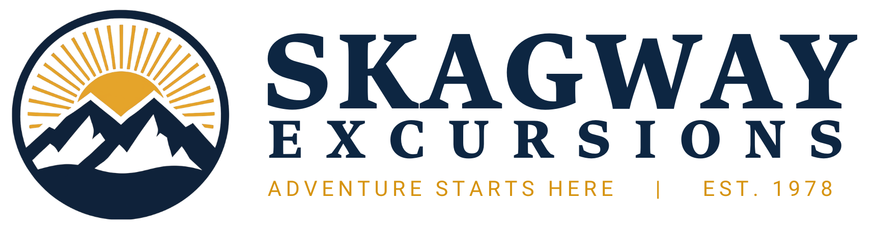 Skagway Excursions logo with a dark blue mountain silhouette inside a circle and a gold sunburst; text reads 'SKAGWAY EXCURSIONS' and 'ADVENTURE STARTS HERE | EST. 1978'.