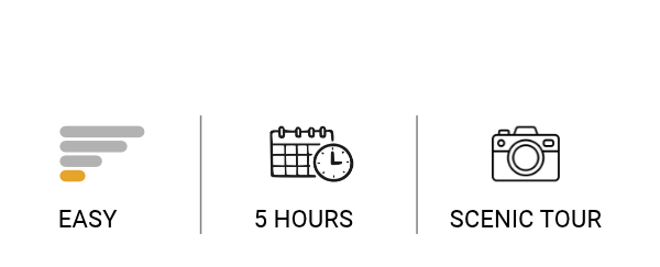 Yukon Extended Summit Drive Tour: three options—Easy with stacked gray bars, 5 Hours with a calendar and clock, and Scenic Tour with a camera icon, separated by dividers.