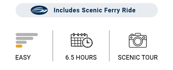 SKGEX Tour Specs 52 - Skagway Excursions - Skagway Excursions 'Wildlife Safari Adventure' header with a rounded badge reading 'Includes Scenic Ferry Ride' and three feature icons labeled Easy, 6.5 Hours, Scenic Tour separated by dividers.