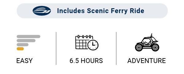 SKGEX Tour Specs 55 - Skagway Excursions - Skagway Excursions Includes scenic ferry ride banner; three plan options: EASY, 6.5 HOURS, and ADVENTURE, each with a matching icon.