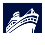 Icon of a white cruise ship on a dark blue square background, representing maritime travel or a cruise option.