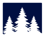 Three white evergreen tree silhouettes against a dark blue square sky.